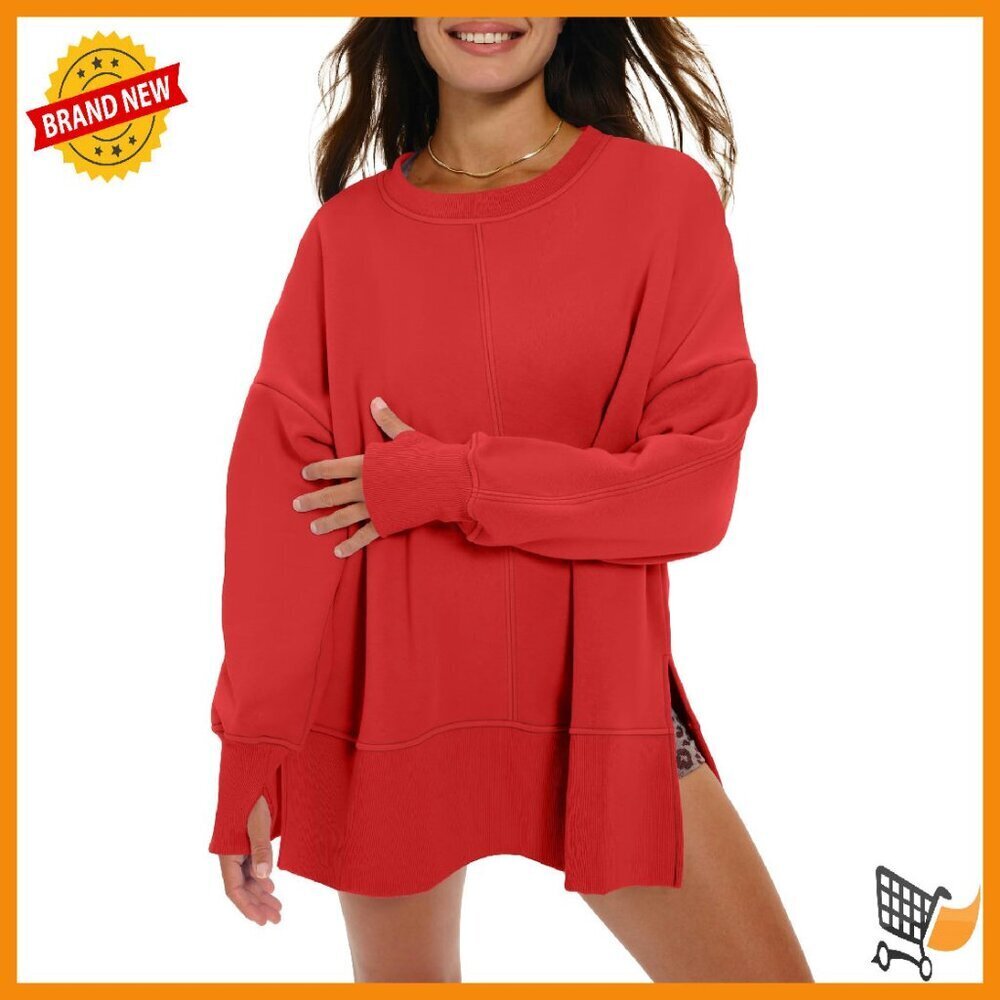 Oversized Fleece Sweatshirt Women's Winter Pullover Side Slit Thumbhole